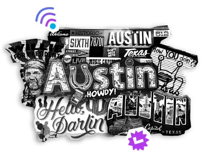 Austin, Texas collage with various text and images.