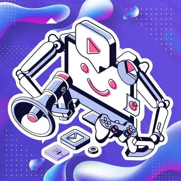 Illustration of friendly robot with play button design.