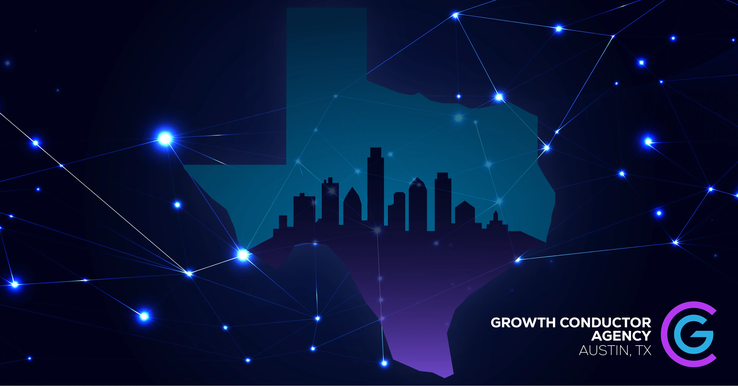 Texas outline with Austin skyline and network connections