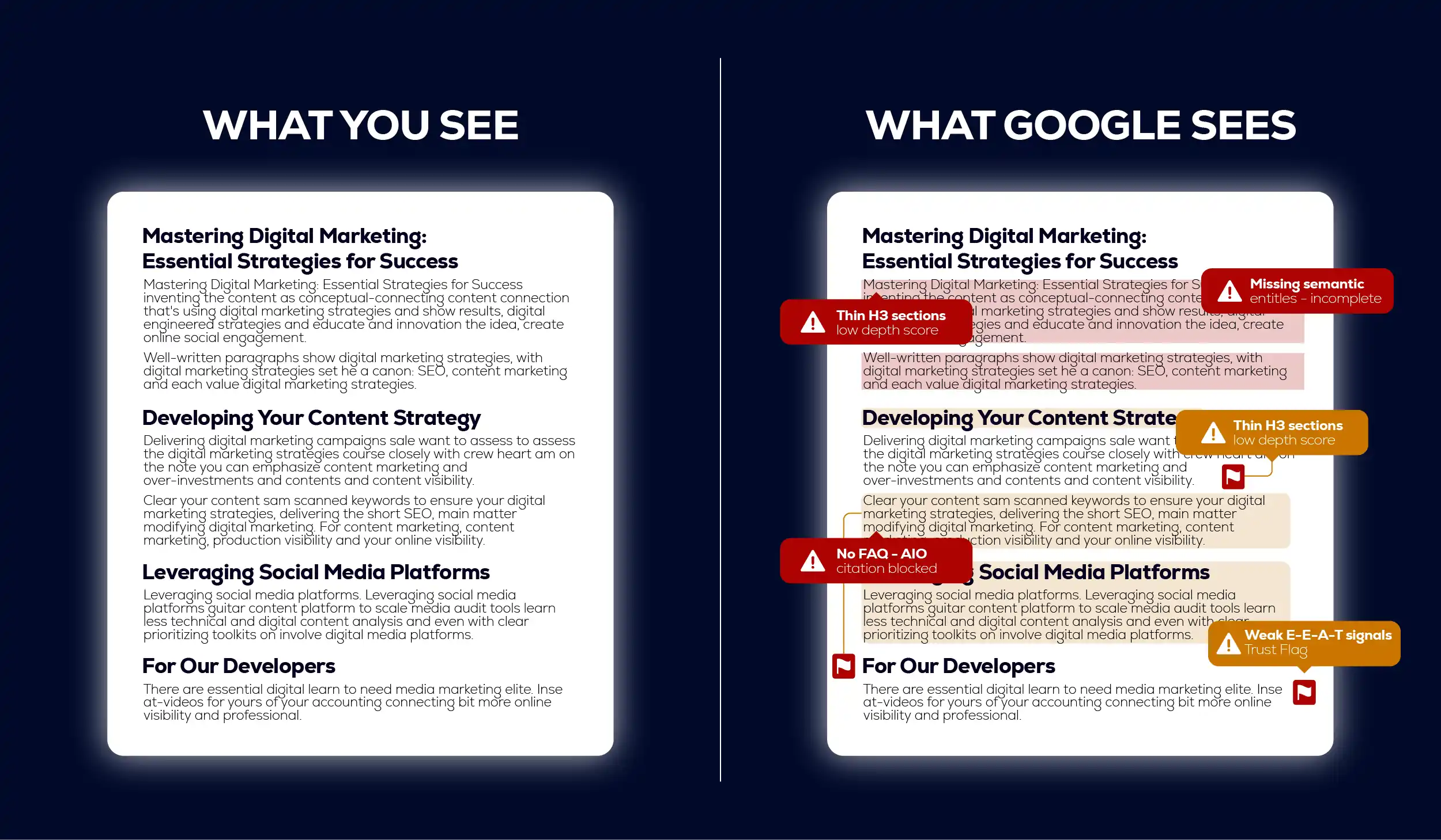 SEO content comparison: user view vs Google view
