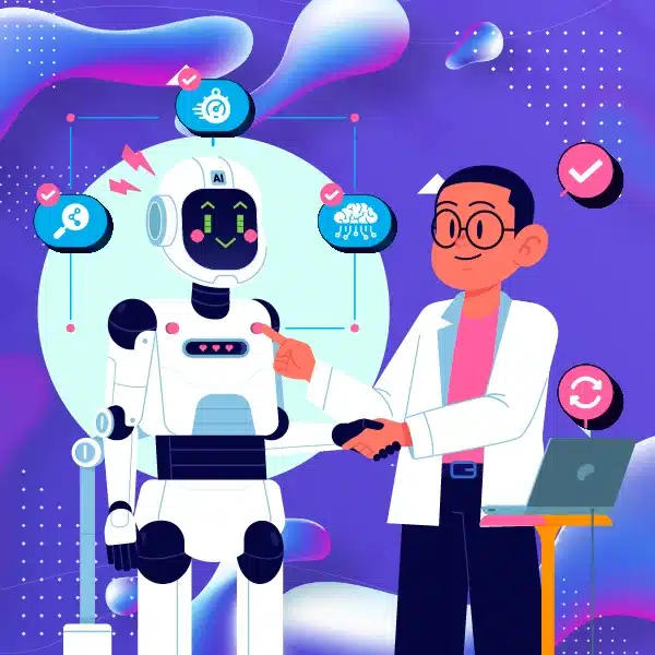 Scientist and robot handshake in lab setting.