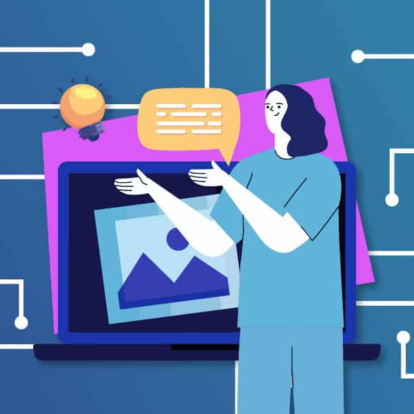 Illustration of a person presenting digital content.