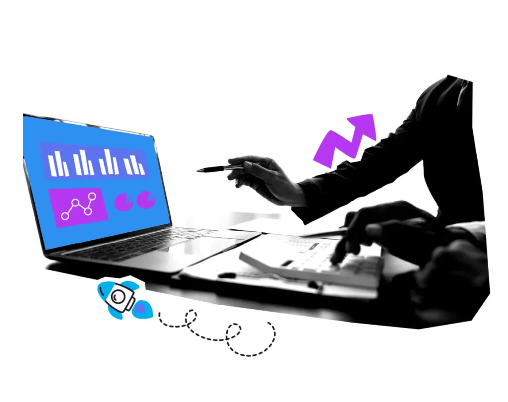 Business professional analyzing growth charts on laptop